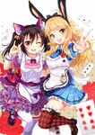  animal_ears black_hair blonde_hair bunny_ears card cat_ears collaboration crossover dressy_alice green_eyes hoshii_miki idolmaster idolmaster_(classic) long_hair love_live! love_live!_school_idol_project multiple_girls one_eye_closed open_mouth playing_card red_eyes sera_(mrvles) smile thighhighs twintails villyane yazawa_nico 