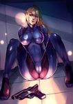  blue_eyes breasts full_body gun indoors kachima large_breasts lips long_hair looking_to_the_side metroid ponytail samus_aran sitting skin_tight solo spread_legs weapon zero_suit 