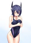  blush breasts competition_swimsuit downscaled embarrassed eyepatch h_kasei headgear highres kantai_collection large_breasts looking_at_viewer md5_mismatch one-piece_swimsuit purple_hair resized short_hair smile solo swimsuit tenryuu_(kantai_collection) thigh_gap yellow_eyes 