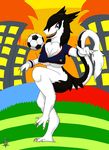  abstract_background alien ball bottomless breasts chest_tuft clothed clothing darkcelona female fur half-dressed kick_ups lips open_mouth sergal soccer sports tuft 