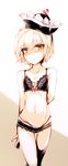  arms_behind_back black_bra black_panties blonde_hair blush bow bow_bra bra embarrassed groin hat highres image_sample kazetto lace lingerie lunasa_prismriver md5_mismatch navel nervous panties pixiv_sample ribbon ribbon_trim short_hair solo sweatdrop touhou underwear yellow_eyes 