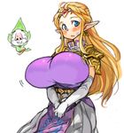  alternate_breast_size blonde_hair blue_eyes blush breasts circlet earrings huge_breasts jewelry long_hair open_mouth pauldrons perky_breasts pointy_ears princess_zelda sachito solo the_legend_of_zelda tingle triangle_mouth triforce 