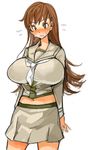  arms_behind_back blush breasts brown_eyes brown_hair huge_breasts kantai_collection long_hair long_sleeves navel ooi_(kantai_collection) remodel_(kantai_collection) sachito school_uniform serafuku simple_background skirt solo sweat wavy_mouth white_background 
