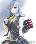  aoyashio_rin blue_eyes blue_hair bow dated gloves hatsukaze_(kantai_collection) kantai_collection long_hair machinery pleated_skirt signature sketch skirt solo torpedo uniform vest white_gloves yellow_bow 