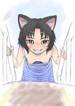  animal_ears black_hair breasts cat_ears downblouse fangs grin j7w kurona_(neko_musume_michikusa_nikki) leaning_forward neko_musume_michikusa_nikki no_bra short_hair small_breasts smile solo yellow_eyes 