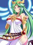  1girl bare_shoulders blush breasts cleavage curvy female goddess green_eyes green_hair hair_ornament jewelry kid_icarus kid_icarus_uprising large_breasts long_hair looking_at_viewer megane_man nintendo palutena sitting smile solo thighhighs very_long_hair white_legwear wide_hips 