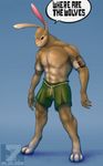  2015 clothed clothing dialogue half-dressed lagomorph male mammal muscles overgrowth rabbit shorts simple_background topless towai turner 