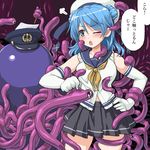  ;o blue_eyes blue_hair blush dd_(ijigendd) double_bun elbow_gloves gloves hat kantai_collection navel one_eye_closed open_mouth peaked_cap pleated_skirt school_uniform serafuku short_hair skirt sleeves_rolled_up solo tentacles translated urakaze_(kantai_collection) white_gloves white_hat yellow_neckwear 