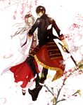  1girl blindfold brown_hair cherry_blossoms female_saniwa_(touken_ranbu) flower fringe_trim jacket japanese_clothes katana long_hair ookurikara petals saniwa_(touken_ranbu) sheath sheathed short_hair sword touken_ranbu weapon 