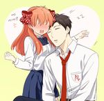  1boy 1girl artist_name bad_id bad_twitter_id blush bow clenched_hand closed_eyes gekkan_shoujo_nozaki-kun hair_bow heart korean leaning_on_person long_hair mery_(apfl0515) no_eyes nozaki_umetarou open_mouth orange_hair polka_dot polka_dot_bow rouman_academy_uniform sakura_chiyo school_uniform sleeping zzz 