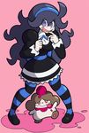  @_@ alternate_color cosplay gen_6_pokemon hairband hex_maniac_(pokemon) long_hair panty_&amp;_stocking_with_garterbelt pink_background pokemon pokemon_(creature) pokemon_(game) pokemon_xy purple_eyes purple_hair shenanimation shiny_pokemon slurpuff smile stocking_(psg) stocking_(psg)_(cosplay) striped striped_legwear thighhighs 