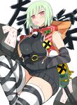  1girl blush breasts curvy female green_hair jellyman large_breasts naraku_(senran_kagura) red_eyes senran_kagura short_hair sitting solo thick_thighs thighhighs wide_hips 