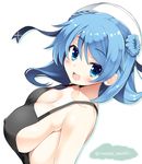  apron beret blue_eyes blue_hair blush breasts cleavage covered_nipples double_bun hat inuzumi_masaki kantai_collection large_breasts long_hair looking_at_viewer naked_apron open_mouth sideboob smile solo urakaze_(kantai_collection) white_hat 