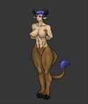  abs anthro blue_eyes blue_hair bovine breasts female hair hooves horn lurkingtyger mammal muscles nipples nude pussy short_hair simple_background solo wide_hips 