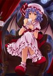  bat_wings bow chair crossed_legs cup dress dutch_angle fang frilled_shirt_collar frilled_sleeves frills full_moon hat hat_ribbon holding indoors k-rumi looking_at_viewer mary_janes moon night night_sky pink_dress puffy_short_sleeves puffy_sleeves purple_hair red_bow red_eyes red_ribbon remilia_scarlet ribbon shoes short_hair short_sleeves sitting sky smile socks solo teacup touhou window wings wrist_cuffs 