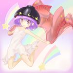  armpits bare_arms bare_legs bare_shoulders barefoot bowl bowl_hat breasts camisole folded_leg gplnbeat gradient gradient_background hat highres holding_clothes jumping lingerie looking_at_viewer minigirl open_mouth purple_eyes purple_hair rainbow shooting_star short_hair small_breasts solo sukuna_shinmyoumaru touhou underwear 