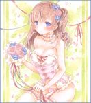  blue_eyes blush border bouquet breasts choker cleavage collarbone colored_pencil_(medium) corset flower frills from_side garters gradient gradient_background hair_flower hair_ornament headband large_breasts light_smile long_hair looking_at_viewer marker_(medium) navel orange_hair original panties petals pink_flower pink_hair pink_rose potto ribbon rose side_ponytail sitting solo traditional_media underwear underwear_only watercolor_(medium) 