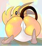  abstract_background all_fours anus butt female looking_at_viewer looking_back nintendo pcred566 pok&eacute;mon pussy pussy_juice raichu solo video_games 