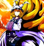  blonde_hair cactus cloud dress fox_tail hands_in_opposite_sleeves hat highres kuromochi_(qkbhf073) light_particles light_smile looking_at_viewer multiple_tails ofuda parted_lips pillow_hat short_hair solo sunset tabard tail touhou yakumo_ran yellow_eyes 