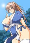  areola_slip areolae blush breasts brown_eyes brown_hair cameltoe cleavage curvy dead_or_alive erect_nipples hair_ribbon huge_breasts kasumi_(doa) long_hair ninja pixiv_manga_sample ponytail puffy_nipples ribbon smile solo standing tate tecmo thick_thighs wide_hips 