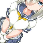  black_legwear blue_eyes blush breast_squeeze breasts dd_(ijigendd) gloves hair_over_one_eye hamakaze_(kantai_collection) kantai_collection large_breasts looking_at_viewer miniskirt pantyhose pleated_skirt school_uniform serafuku short_hair short_sleeves silver_hair skirt solo white_gloves 