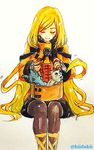  animal black_legwear blonde_hair blush cat closed_eyes dress guilty_gear guilty_gear_xrd hat hat_removed headwear_removed hitsuki_(hiidukii) long_hair long_sleeves millia_rage motion_lines pantyhose prehensile_hair sitting smile solo traditional_media twitter_username very_long_hair watercolor_(medium) yellow_dress 