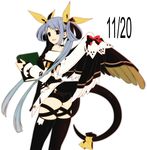  8055 :d ass asymmetrical_wings bare_shoulders black_eyes black_legwear blue_hair book bow dated dizzy feathered_wings guilty_gear hair_ribbon hair_rings holding holding_book long_hair long_sleeves open_mouth red_bow ribbon short_shorts shorts skindentation smile solo tail tail_ribbon thighhighs twintails wings yellow_bow 