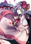  ascot bad_id bad_pixiv_id blue_hair brooch dress flower hair_flower hair_ornament hair_ribbon highres jewelry petals pink_dress pink_eyes puffy_short_sleeves puffy_sleeves remilia_scarlet ribbon short_sleeves silver_hair smile sofy solo touhou wrist_cuffs 