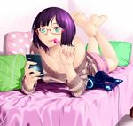 :p aisu_reizou animal_ears aqua_eyes bare_shoulders barefoot bed breasts candy cat_ear_headphones cat_ears cellphone cleavage feet food foreshortening glasses headphones headphones_removed legs_up lollipop lying off_shoulder on_bed on_stomach original phone pillow purple_hair red-framed_eyewear short_hair shorts small_breasts smartphone smile soles solo sweater the_pose toes tongue tongue_out 