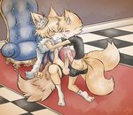  anthro balls big_balls canine chair clothed clothing cum_on_body dullvivid erection fox frottage huge_dick invalid_background kissing male male/male mammal miles_prower penis sega sex sonic_(series) 