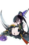  alice_(brave_frontier) amiami belt black_hair blue_eyes boots brave_frontier butterfly_hair_ornament coat crescent crescent_hair_ornament hair_ornament highres long_hair long_sleeves ponytail scythe solo 