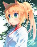  animal_ears bad_id bad_pixiv_id bangs blonde_hair blurry blush fox_ears green_eyes japanese_clothes leaf long_hair miko original outdoors ponytail sie-sie solo sunlight tree 