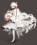  bad_id bad_pixiv_id breasts carrying cleavage covered_mouth dress full_body high_heels highres horns kantai_collection large_breasts long_hair midway_hime naiga orange_eyes shinkaisei-kan solo spikes standing very_long_hair white_dress white_hair white_skin 