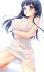  :o bad_id bad_pixiv_id bangs bare_arms bare_shoulders black_hair blue_eyes blush breasts covered_nipples eyebrows_visible_through_hair highres large_breasts long_hair momoi_komomo open_mouth original see-through simple_background sleeveless solo wet wet_clothes white_background 