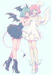  akiyamabc angel angel_and_devil aqua_hair bad_id bad_pixiv_id bat_wings black_dress blue_eyes character_request demon_girl devilman dress feathered_wings head_wings multiple_girls nail_polish pink_hair pink_nails red_eyes red_nails short_hair white_dress wings 