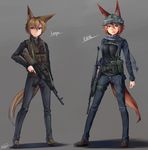  ak-74m animal_ears assault_rifle blonde_hair blue_eyes dreadtie edith_connie_callaghan flat_chest fox_ears fox_tail green_eyes gun highres multiple_girls original red_hair rifle short_hair svetlana_nestrovna_sorokina tail weapon 