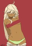  ahoge arms_behind_back bad_id bad_pixiv_id bar_censor breasts censored dark_skin guilty_gear guilty_gear_xrd long_hair looking_at_viewer medium_breasts moromi_(inu) orange_eyes panties ramlethal_valentine red_background shorts shorts_pull silver_hair solo striped striped_panties topless underwear 