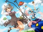  animal_ears blue_eyes blue_hair capelet cloud cloudy_sky day dowsing_rod dress dutch_angle flying_saucer grey_hair heterochromia jewelry juliet_sleeves karakasa_obake long_sleeves meago midair mouse mouse_ears mouse_tail multiple_girls nazrin open_mouth outdoors pendant puffy_sleeves red_eyes short_hair skirt skirt_set sky smile space_craft tail tatara_kogasa tongue touhou ufo umbrella undefined_fantastic_object upside-down 