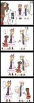  3girls 4koma :d =_= animal_ears awkward backpack bag blonde_hair book boots bow brown_eyes brown_hair cat_ears cat_tail chen comic commentary_request dress fox_tail green_hat hair_bow happy hat hat_ribbon highres jetto_komusou long_hair long_sleeves looking_at_another mob_cap multiple_girls multiple_tails nekomata no_socks open_mouth puffy_long_sleeves puffy_sleeves purple_dress randoseru red_skirt ribbon shoes short_hair skirt smile spoken_ellipsis tabard tail touhou translated two_tails vest waving white_dress yakumo_ran yakumo_yukari 