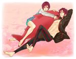  2boys barefoot child free! inflatable_toy jammers male_focus matsuoka_rin multiple_boys open_mouth red_eyes red_hair sharp_teeth short_hair smile swim_briefs swimsuit teeth time_paradox younger 