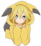  :3 blonde_hair blue_eyes blush cosplay gen_1_pokemon hood hoodie leopard_(yatterman) looking_at_viewer pikachu pikachu_(cosplay) pikachu_ears pikachu_tail pokemon pokemon_ears shirukuma simple_background solo tail time_bokan_(series) white_background yatterman yoru_no_yatterman 