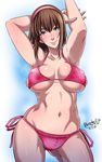 alternate_hair_length alternate_hairstyle armpits arms_up bikini blue_eyes blush breasts brown_hair butcha-u contrapposto covered_nipples cowboy_shot dead_or_alive hairband hitomi_(doa) large_breasts navel pink_bikini short_hair side-tie_bikini smile solo standing sweat swimsuit underboob 
