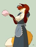  2015 anthro apron big_breasts blue_eyes breasts brown_fur brown_hair canine clothed clothing exposed exposed_breasts featherduster female fluffy_tail fox fur hair looking_at_viewer maid_headdress maid_uniform mammal orange_fur smile solo starfighter white_fur 