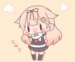  :&gt; bad_id bad_twitter_id black_legwear black_ribbon blonde_hair blush chibi closed_mouth commentary_request hair_flaps hair_ornament hair_ribbon hairclip kantai_collection long_hair lowres momoniku_(taretare-13) no_shoes pleated_skirt red_ribbon remodel_(kantai_collection) ribbon scarf simple_background skirt solid_oval_eyes solo twitter_username yuudachi_(kantai_collection) 