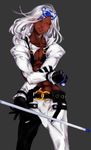  abs absurdres black_gloves chalk closed_eyes cue_stick dark_skin dark_skinned_male gloves guilty_gear highres long_hair male_focus mukuchi open_clothes solo venom_(guilty_gear) white_hair 