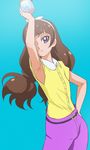  amanogawa_kirara arm_up armpits belt blue_background brown_hair go!_princess_precure hairband hand_on_hip haruyama_kazunori long_hair looking_at_viewer precure purple_eyes simple_background solo twintails 