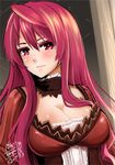  breasts cleavage colored_eyelashes dated fur_trim go-it hair_between_eyes large_breasts long_hair looking_at_viewer maou_(maoyuu) maoyuu_maou_yuusha red_eyes red_hair serious simple_background solo upper_body 