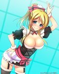  ayase_eli blonde_hair blue_eyes breasts cleavage dated garter_straps hair_ribbon hand_on_hip highres huge_breasts love_live! love_live!_school_idol_project mogyutto_&quot;love&quot;_de_sekkin_chuu! ponytail ribbon skirt solo song_name thighhighs yu-ta 