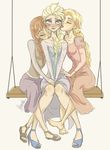  3girls anna_(frozen) asameshii barefoot blonde_hair disney ear_licking elsa_(frozen) footsie freckles frozen\r\n frozen_(disney) incest kiss kissing licking multiple_girls neck_kissing rapunzel rapunzel_(disney) red_hair sandals tangled threesome yuri 