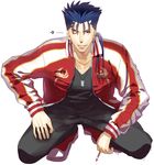  bad_id bad_pixiv_id blue_hair fate/stay_night fate_(series) jacket lancer letterman_jacket male_focus mitsuki_mitsuno one_eye_closed ponytail red_eyes red_jacket shoes sneakers solo squatting 